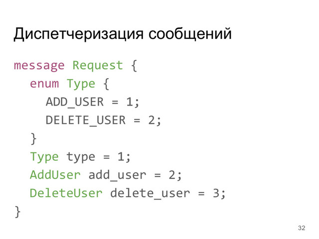 Диспетчеризация сообщений
message Request {
enum Type {
ADD_USER = 1;
DELETE_USER = 2;
}
Type type = 1;
AddUser add_user = 2;
DeleteUser delete_user = 3;
}
32
