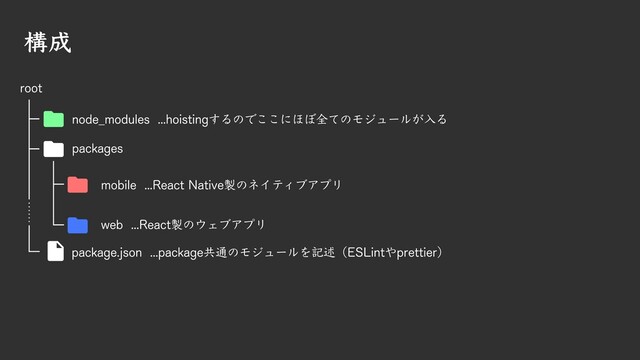 構成
packages
package.json ...package共通のモジュールを記述（ESLintやprettier）
mobile ...React Native製のネイティブアプリ
web ...React製のウェブアプリ
root
node_modules ...hoistingするのでここにほぼ全てのモジュールが入る
