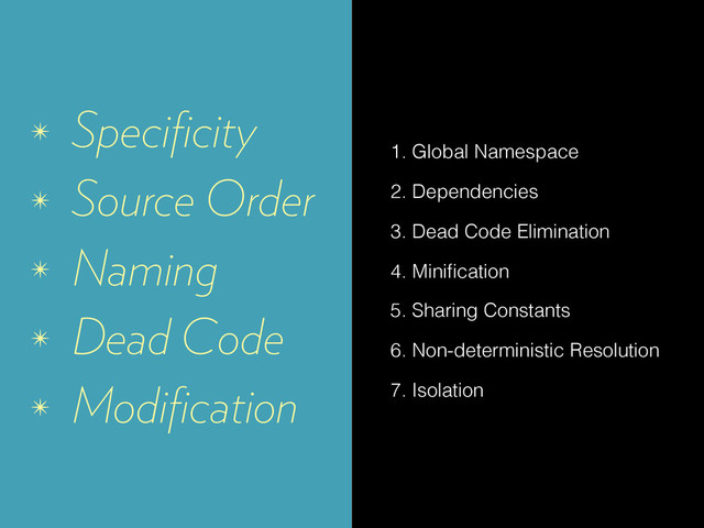 ✴ Speciﬁcity
✴ Source Order
✴ Naming
✴ Dead Code
✴ Modiﬁcation
1. Global Namespace
2. Dependencies
3. Dead Code Elimination
4. Miniﬁcation
5. Sharing Constants
6. Non-deterministic Resolution
7. Isolation

