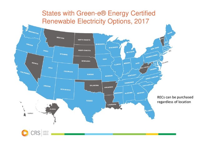 States with Green-e® Energy Certified
Renewable Electricity Options, 2017
RECs can be purchased
regardless of location
