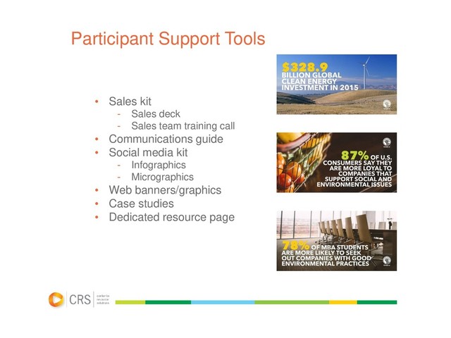 Participant Support Tools
• Sales kit
- Sales deck
- Sales team training call
• Communications guide
• Social media kit
- Infographics
- Micrographics
• Web banners/graphics
• Case studies
• Dedicated resource page
