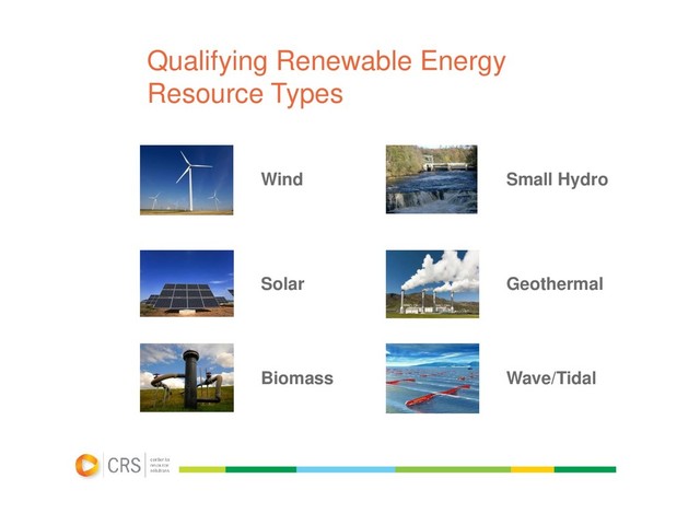 Qualifying Renewable Energy
Resource Types
Wind
Solar
Biomass
Small Hydro
Geothermal
Wave/Tidal
