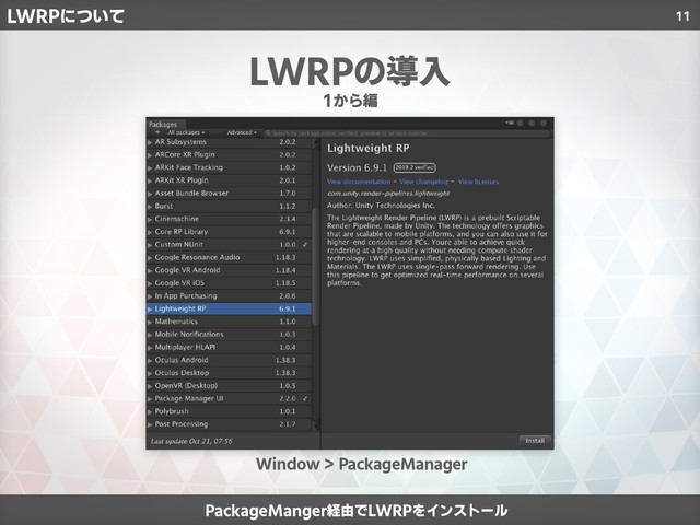 11
PackageManger経由でLWRPをインストール
1から編
LWRPの導入
Window > PackageManager
LWRPについて
