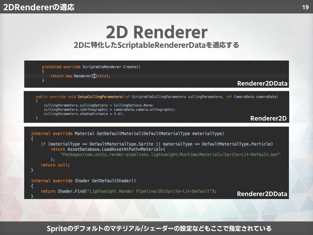 19
2D Renderer
2Dに特化したScriptableRendererDataを適応する
Spriteのデフォルトのマテリアル/シェーダーの設定などもここで指定されている
2DRendererの適応
Renderer2D
Renderer2DData
Renderer2DData
