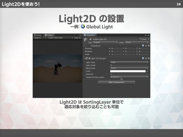 24
Light2D の設置
一例:  Global Light
Light2D は SortingLayer 単位で
適応対象を絞り込むことも可能
Light2Dを使おう!
