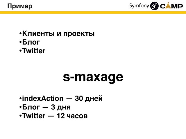 Пример
•Клиенты и проекты
•Блог
•Twitter
•indexAction — 30 дней
•Блог — 3 дня
•Twitter — 12 часов
s-maxage
