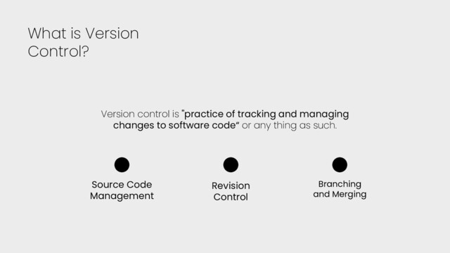 What is Version
Control?
Version control is "practice of tracking and managing
changes to software code“ or any thing as such.
Source Code
Management
Revision
Control
Branching
and Merging
