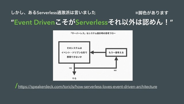 ͔͠͠ɺ͋ΔServerlessաܹ೿͸ݴ͍·ͨ͠
https://speakerdeck.com/toricls/how-serverless-loves-event-driven-architecture
“Event Driven͕ͦ͜ServerlessͦΕҎ֎͸ೝΊΜʂ”
※٭৭͕͋Γ·͢
