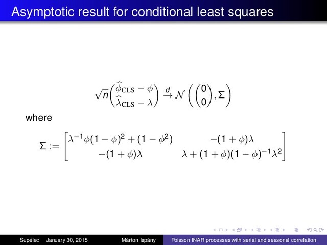 Asymptotic result for conditional least squares
√
n
φCLS − φ
λCLS − λ
d
→ N
0
0
, Σ
where
Σ :=
λ−1φ(1 − φ)2 + (1 − φ2) −(1 + φ)λ
−(1 + φ)λ λ + (1 + φ)(1 − φ)−1λ2
Supélec January 30, 2015 Márton Ispány Poisson INAR processes with serial and seasonal correlation
