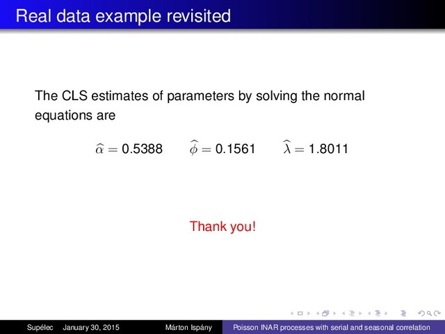 Real data example revisited
The CLS estimates of parameters by solving the normal
equations are
α = 0.5388 φ = 0.1561 λ = 1.8011
Thank you!
Supélec January 30, 2015 Márton Ispány Poisson INAR processes with serial and seasonal correlation
