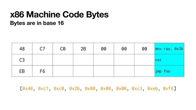 x86 Machine Code Bytes
Bytes are in base 16
48 C7 C0 2B 00 00 00 mov rax, 0x2b
C3 ret
EB F6 jmp foo
[0x48, 0xc7, 0xc0, 0x2b, 0x00, 0x00, 0x00, 0xc3, 0xeb, 0xf6]


