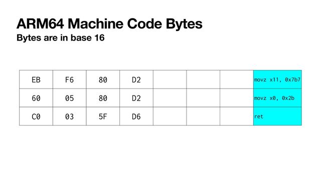 ARM64 Machine Code Bytes
Bytes are in base 16
EB F6 80 D2 movz x11, 0x7b7
60 05 80 D2 movz x0, 0x2b
C0 03 5F D6 ret
