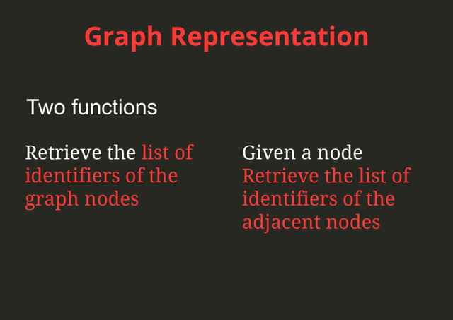 Graph Representation
Given a node
Retrieve the list of
identifiers of the
adjacent nodes
Two functions
Retrieve the list of
identifiers of the
graph nodes

