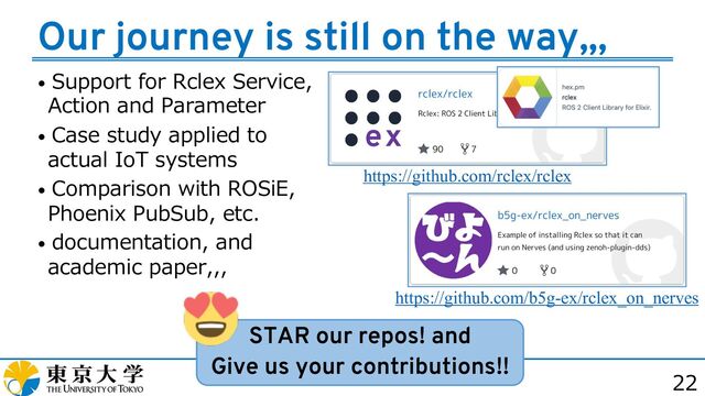 22
Our journey is still on the way,,,
STAR our repos! and
Give us your contributions!!
https://github.com/rclex/rclex
https://github.com/b5g-ex/rclex_on_nerves
• Support for Rclex Service,
Action and Parameter
• Case study applied to
actual IoT systems
• Comparison with ROSiE,
Phoenix PubSub, etc.
• documentation, and
academic paper,,,
