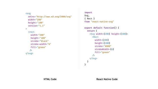 

"
import
Svg,
{ Rect }
from "react-native-svg"
export default function() {
return (


"
)
}
HTML Code React Native Code
