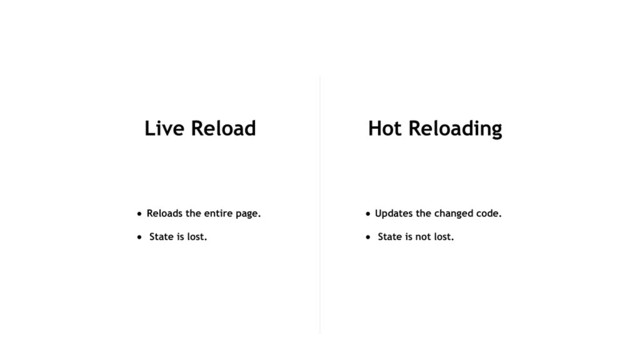 Live Reload
• Reloads the entire page.
• State is lost.
• Updates the changed code.
• State is not lost.
Hot Reloading
