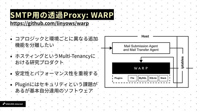 SMTP
用
Proxy: WARP
https://github.com/linyows/warp
Multi-Tenancy
Plugin
自 用
