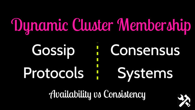 Dynamic Cluster Membership
Gossip
Protocols
Consensus
Systems
Availability vs Consistency

