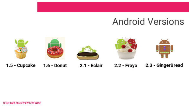 TECH MEETS HER ENTERPRISE
Android Versions
1.5 - Cupcake 1.6 - Donut 2.1 - Eclair 2.2 - Froyo 2.3 - GingerBread
