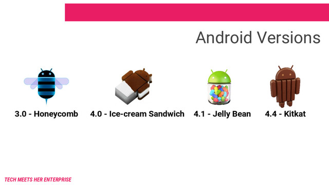 Android Versions
4.0 - Ice-cream Sandwich 4.1 - Jelly Bean 4.4 - Kitkat
3.0 - Honeycomb
TECH MEETS HER ENTERPRISE
