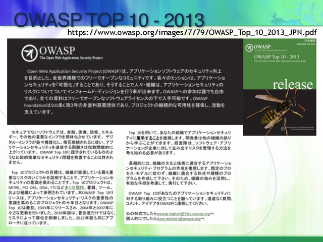 OWASP TOP 10 - 2013
https://www.owasp.org/images/7/79/OWASP_Top_10_2013_JPN.pdf
