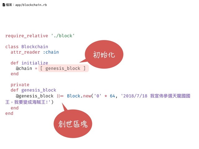 require_relative './block'
class Blockchain
attr_reader :chain
def initialize
@chain = [ genesis_block ]
end
private
def genesis_block
@genesis_block !!||= Block.new('0' * 64, '2018/7/18 我宣佈參參選天龍國國
王，我要變成海海賊王!')
end
end
檔案：app/blockchain.rb
創世區塊
初始化
