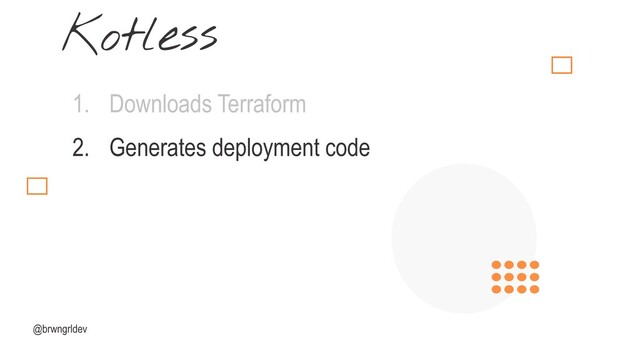 @brwngrldev
Kotless
1. Downloads Terraform
2. Generates deployment code
