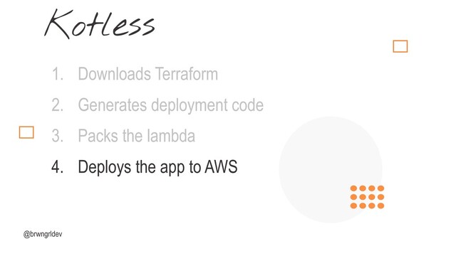 @brwngrldev
Kotless
1. Downloads Terraform
2. Generates deployment code
3. Packs the lambda
4. Deploys the app to AWS
