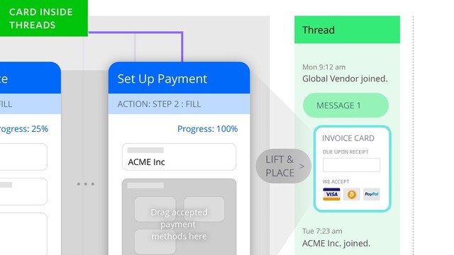 ce
FILL
rogress: 25%
Set Up Payment
ACTION: STEP 2 : FILL
Drag accepted
payment
methods here
Progress: 100%
ACME Inc
INVOICE CARD
WE ACCEPT
MESSAGE 1
Thread
Global Vendor joined.
ACME Inc. joined.
LIFT &
PLACE
>
Mon 9:12 am
Tue 7:23 am
DUE UPON RECEIPT
CARD INSIDE
THREADS
