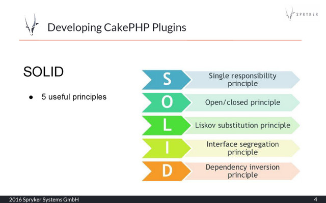 2016 Spryker Systems GmbH 4
Developing CakePHP Plugins
SOLID
● 5 useful principles
