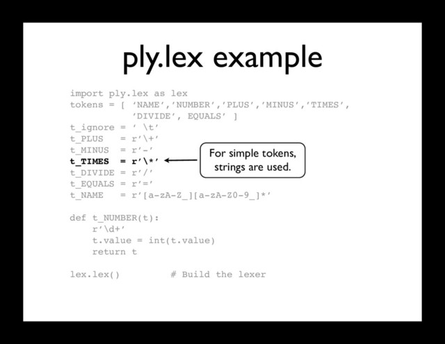ply.lex example
import ply.lex as lex
tokens = [ ‘NAME’,’NUMBER’,’PLUS’,’MINUS’,’TIMES’,
’DIVIDE’, EQUALS’ ]
t_ignore = ‘ \t’
t_PLUS = r’\+’
t_MINUS = r’-’
t_TIMES = r’\*’
t_DIVIDE = r’/’
t_EQUALS = r’=’
t_NAME = r’[a-zA-Z_][a-zA-Z0-9_]*’
def t_NUMBER(t):
r’\d+’
t.value = int(t.value)
return t
lex.lex() # Build the lexer
For simple tokens,
strings are used.
