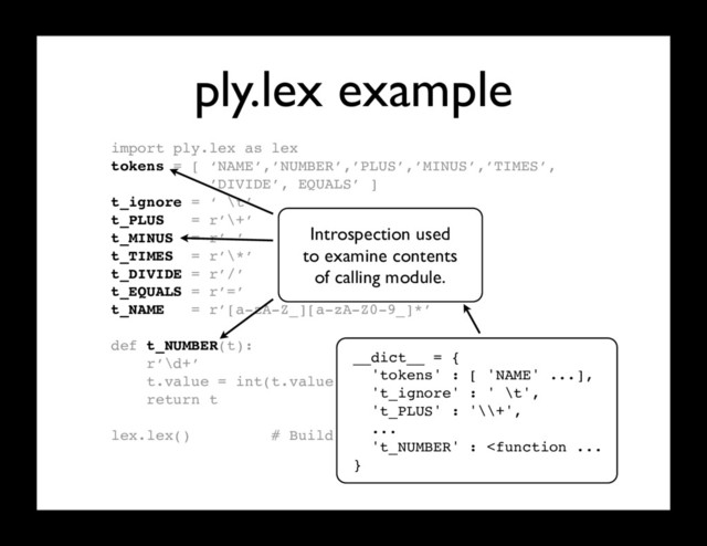 ply.lex example
import ply.lex as lex
tokens = [ ‘NAME’,’NUMBER’,’PLUS’,’MINUS’,’TIMES’,
’DIVIDE’, EQUALS’ ]
t_ignore = ‘ \t’
t_PLUS = r’\+’
t_MINUS = r’-’
t_TIMES = r’\*’
t_DIVIDE = r’/’
t_EQUALS = r’=’
t_NAME = r’[a-zA-Z_][a-zA-Z0-9_]*’
def t_NUMBER(t):
r’\d+’
t.value = int(t.value)
return t
lex.lex() # Build the lexer
Introspection used
to examine contents
of calling module.
__dict__ = {
'tokens' : [ 'NAME' ...],
't_ignore' : ' \t',
't_PLUS' : '\\+',
...
't_NUMBER' : 