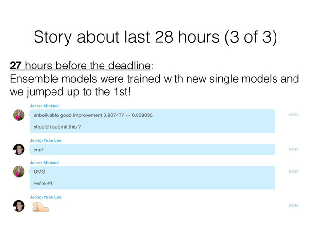 Story about last 28 hours (3 of 3)
27 hours before the deadline:
Ensemble models were trained with new single models and
we jumped up to the 1st!
