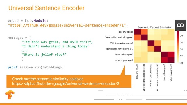 Universal Sentence Encoder
embed = hub.Module(
"https://tfhub.dev/google/universal-sentence-encoder/1")
messages = [
“The food was great, and USIU rocks”,
“I didn’t understand a thing today”
…..
“Where is jollof rice?”
]
print session.run(embeddings)
Check out the semantic similarity colab at
https://alpha.tfhub.dev/google/universal-sentence-encoder/2
