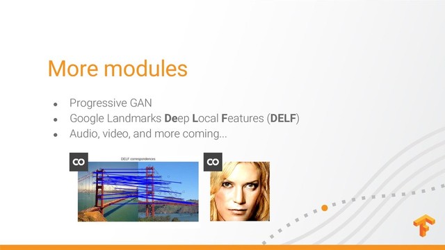More modules
● Progressive GAN
● Google Landmarks Deep Local Features (DELF)
● Audio, video, and more coming...
