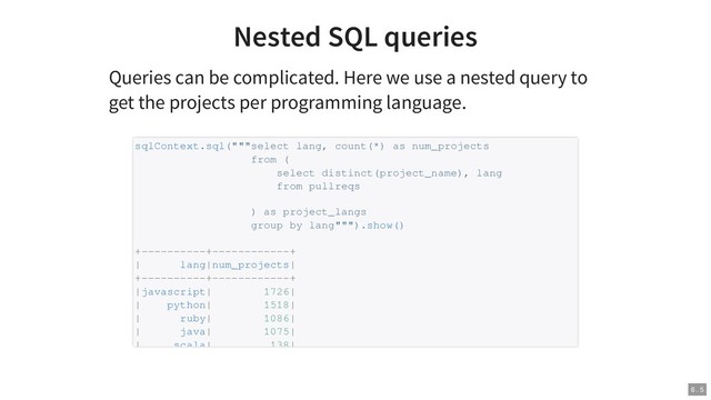 Nested SQL queries
Queries can be complicated. Here we use a nested query to
get the projects per programming language.
sqlContext.sql("""select lang, count(*) as num_projects
from (
select distinct(project_name), lang
from pullreqs
) as project_langs
group by lang""").show()
+----------+------------+
| lang|num_projects|
+----------+------------+
|javascript| 1726|
| python| 1518|
| ruby| 1086|
| java| 1075|
| scala| 138|
6 . 5
