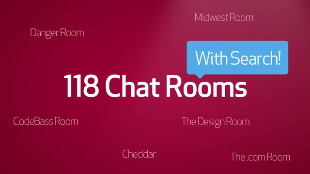118 Chat Rooms (with search)
Danger Room
Ops Room
Midwest Room
CodeBass Room
The Outreach Room
The Design Room
The .com Room
Cheddar
