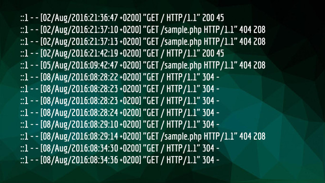 ::1 - - [02/Aug/2016:21:36:47 +0200] "GET / HTTP/1.1" 200 45
::1 - - [02/Aug/2016:21:37:10 +0200] "GET /sample.php HTTP/1.1" 404 208
::1 - - [02/Aug/2016:21:37:13 +0200] "GET /sample.php HTTP/1.1" 404 208
::1 - - [02/Aug/2016:21:42:19 +0200] "GET / HTTP/1.1" 200 45
::1 - - [05/Aug/2016:09:42:47 +0200] "GET /sample.php HTTP/1.1" 404 208
::1 - - [08/Aug/2016:08:28:22 +0200] "GET / HTTP/1.1" 304 -
::1 - - [08/Aug/2016:08:28:23 +0200] "GET / HTTP/1.1" 304 -
::1 - - [08/Aug/2016:08:28:23 +0200] "GET / HTTP/1.1" 304 -
::1 - - [08/Aug/2016:08:28:24 +0200] "GET / HTTP/1.1" 304 -
::1 - - [08/Aug/2016:08:29:10 +0200] "GET / HTTP/1.1" 304 -
::1 - - [08/Aug/2016:08:29:14 +0200] "GET /sample.php HTTP/1.1" 404 208
::1 - - [08/Aug/2016:08:34:30 +0200] "GET / HTTP/1.1" 304 -
::1 - - [08/Aug/2016:08:34:36 +0200] "GET / HTTP/1.1" 304 -
