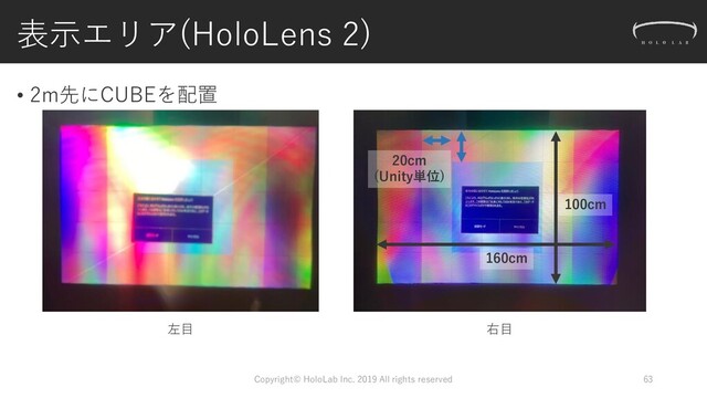 表示エリア(HoloLens 2)
• 2m先にCUBEを配置
Copyright© HoloLab Inc. 2019 All rights reserved 63
左目 右目
20cm
(Unity単位)
160cm
100cm
