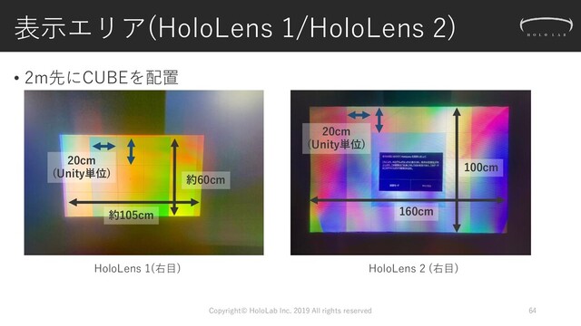 表示エリア(HoloLens 1/HoloLens 2)
• 2m先にCUBEを配置
Copyright© HoloLab Inc. 2019 All rights reserved 64
20cm
(Unity単位)
約105cm
HoloLens 1(右目) HoloLens 2 (右目)
20cm
(Unity単位)
160cm
100cm
約60cm
