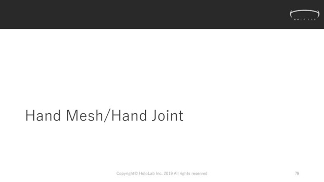 Hand Mesh/Hand Joint
Copyright© HoloLab Inc. 2019 All rights reserved 78
