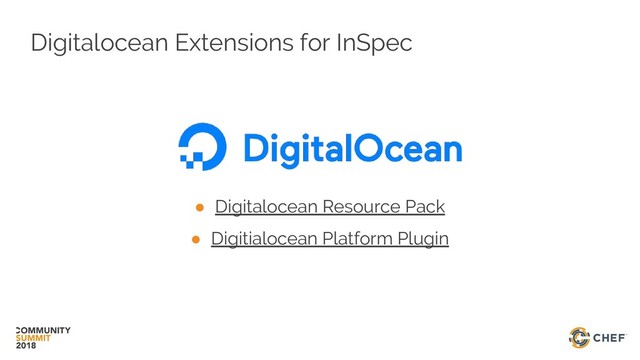 ● Digitalocean Resource Pack
● Digitialocean Platform Plugin
Digitalocean Extensions for InSpec
