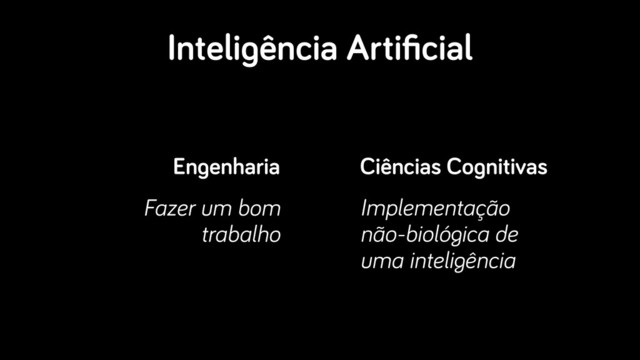 Inteligência Artiﬁcial
Engenharia
Fazer um bom
trabalho 
Ciências Cognitivas
Implementação
não-biológica de
uma inteligência
