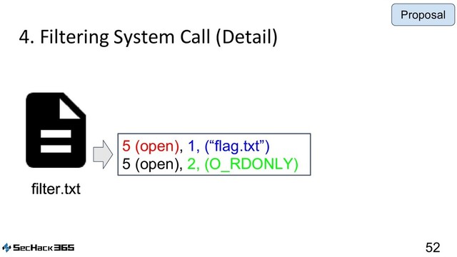 4. Filtering System Call (Detail)
52
filter.txt
Proposal
filter.txt
5 (open), 1, (“flag.txt”)
5 (open), 2, (O_RDONLY)

