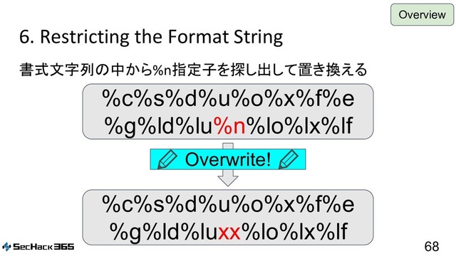 6. Restricting the Format String
書式文字列の中から%n指定子を探し出して置き換える
68
%c%s%d%u%o%x%f%e
%g%ld%lu%n%lo%lx%lf
%c%s%d%u%o%x%f%e
%g%ld%luxx%lo%lx%lf
Overwrite!
Overview
