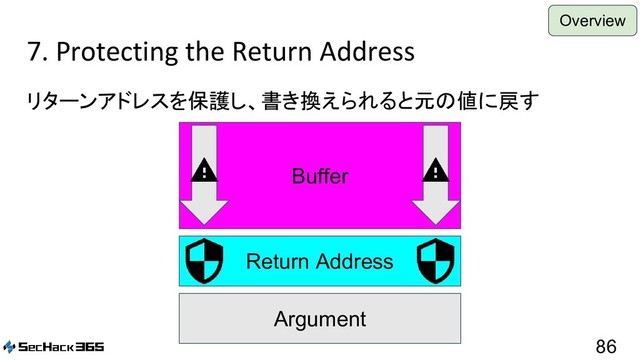 7. Protecting the Return Address
リターンアドレスを保護し、書き換えられると元の値に戻す
86
Argument
Return Address
Buffer
Overview
