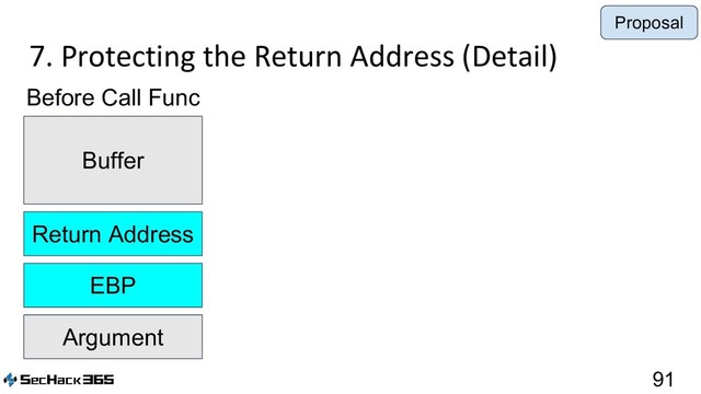 7. Protecting the Return Address (Detail)
91
Argument
EBP
Return Address
Buffer
Before Call Func
Proposal
