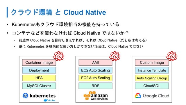 クラウド環境 と Cloud Native
• Kubernetesもクラウド環境相当の機能を持っている
• コンテナなどを使わなければ Cloud Native ではないか？
• 前述の Cloud Native を目指しさえすれば、それは Cloud Native（だと私は考える）
• 逆に Kubernetes を従来的な使い方しかできない場合は、Cloud Native ではない
RDS
MySQLCluster CloudSQL
EC2 Auto Scaling
HPA Auto Scaling Group
EC2 Auto Scaling
Deployment Instance Template
AMI
Container Image Custom Image
