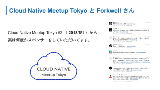 Cloud Native Meetup Tokyo と Forkwell さん
Cloud Native Meetup Tokyo #2 （ 2018/6/1 ）から
実は何度かスポンサーをしていただいてます。
