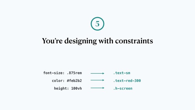 You’re designing with constraints
5
font-size: .875rem .text-sm
color: #feb2b2 .text-red-300
height: 100vh .h-screen
